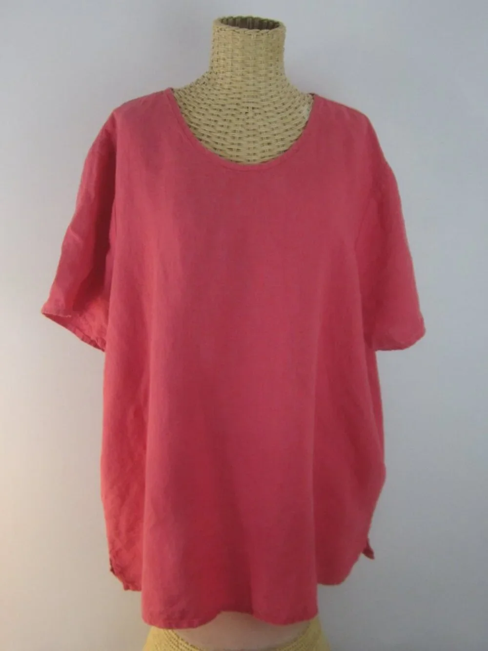 Vtg FLAX Women L Red 100% Woven Linen Short Sleeve Relaxed Shirt Top Tunic  52